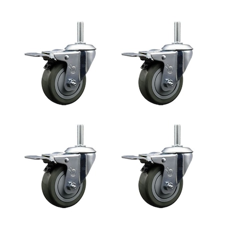 Service Caster 35 Inch Gray Polyurethane Swivel 58 Inch Threaded Stem Caster Set with Total Lock Brake SCC-TSTTL20S3514-PPUB-58212-4